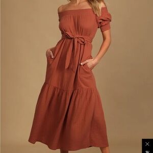 Lulus Ready for Sunshine Rust Orange Off-the-Shoulder Maxi Dress Medium